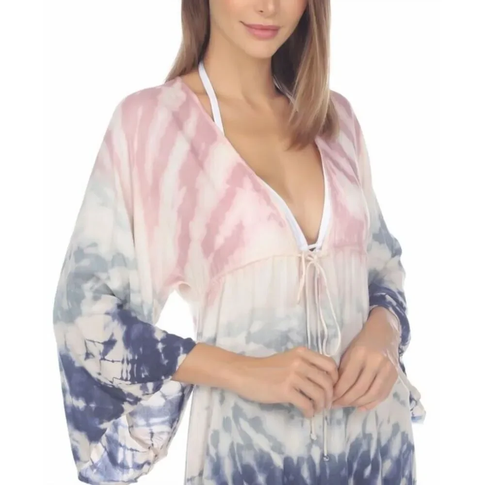 RAVIYA Swim Cover Up Tie Dye Empire Drawstring Waist Tunic Deep V-Neck  0X
